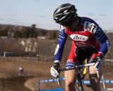 Don Myrah (Buy Cell / Ibis) checks his gap over Cariveau (Moots) with two to go. Masters Men 45-49, 2012 Nationals. © Cyclocross Magazine