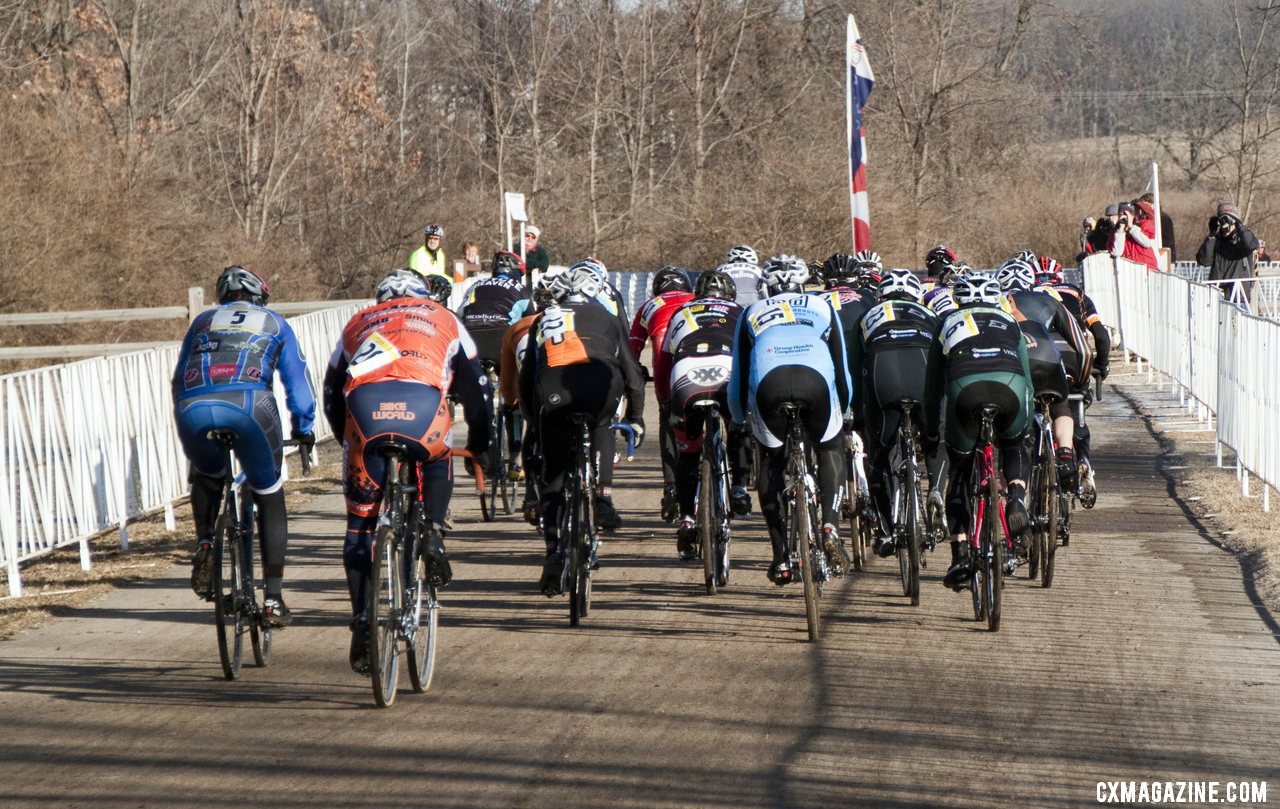 Even with small fields, the race for the holeshot is serious. 2012 Cyclocross National Championships, Masters Men Over 60. © Cyclocross Magazine