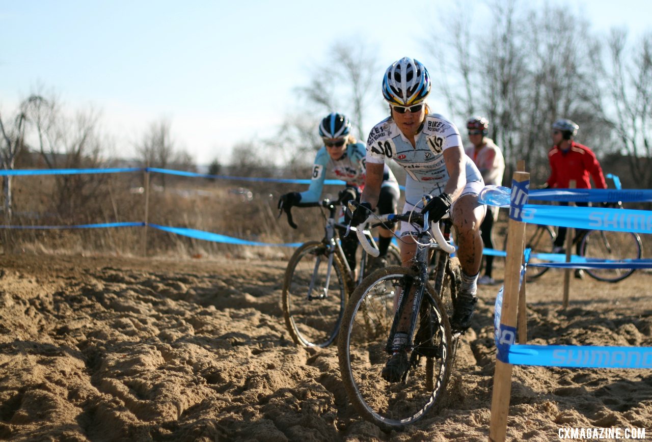 The sandpit proved difficult to ride cleanly for both riders. 2012 Cyclocross National Championships, Masters Women 40-44. © Cyclocross Magazine