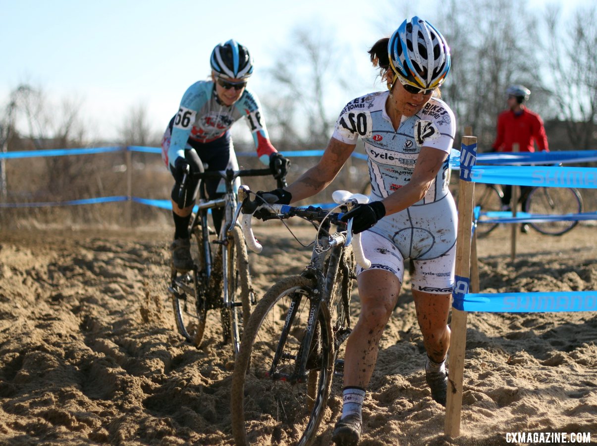 Linda Sone leads Kimberly Flynn in the Masters 40-44 2012 Cyclocross National Championship © Cyclocross Magazine