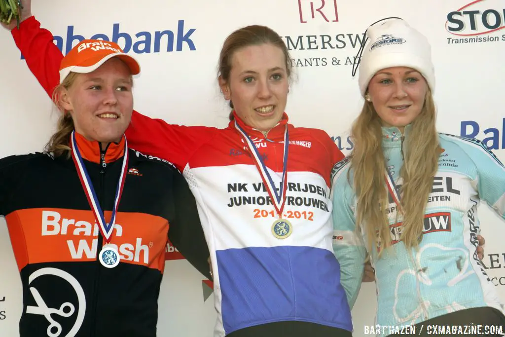 The junior women\'s podium (from L. to R.): Evy Kuijpers, Annefleur Kalvenhaar and Mascha Mulder.