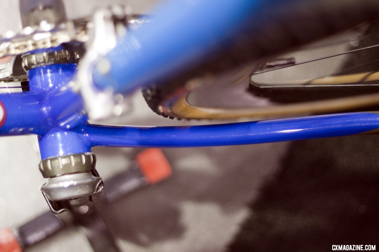 Peacock Groove\'s race bike has plenty of tire clearance thanks to the lack of a chainstay bridge. NAHBS 2012.  ©Cyclocross Magazine