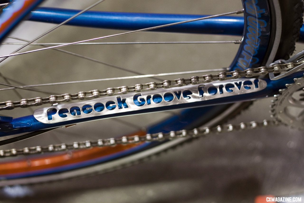 Peacock Groove makes custom stamped chainstay protectors from stainless steel. NAHBS 2012.  ©Cyclocross Magazine
