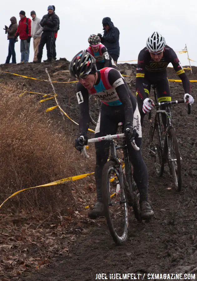 Jeremy Powers leads Ryan Trebon and Christopher Jones down the frontside of \