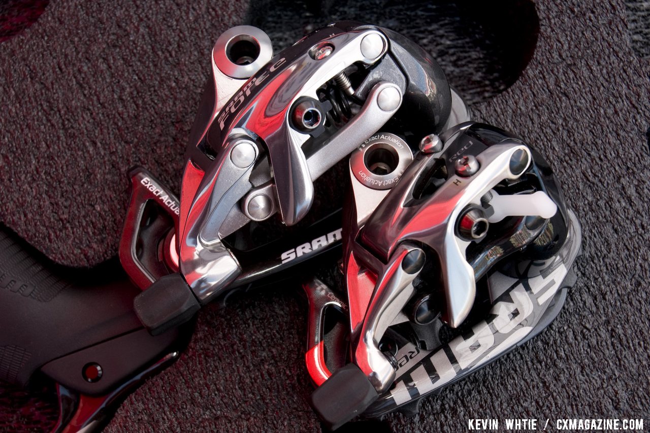 SRAM is expanding its Force line with a mid-cage rear derailleur, top, for use with its WiFLy 11-32 road cassette. © Kevin White