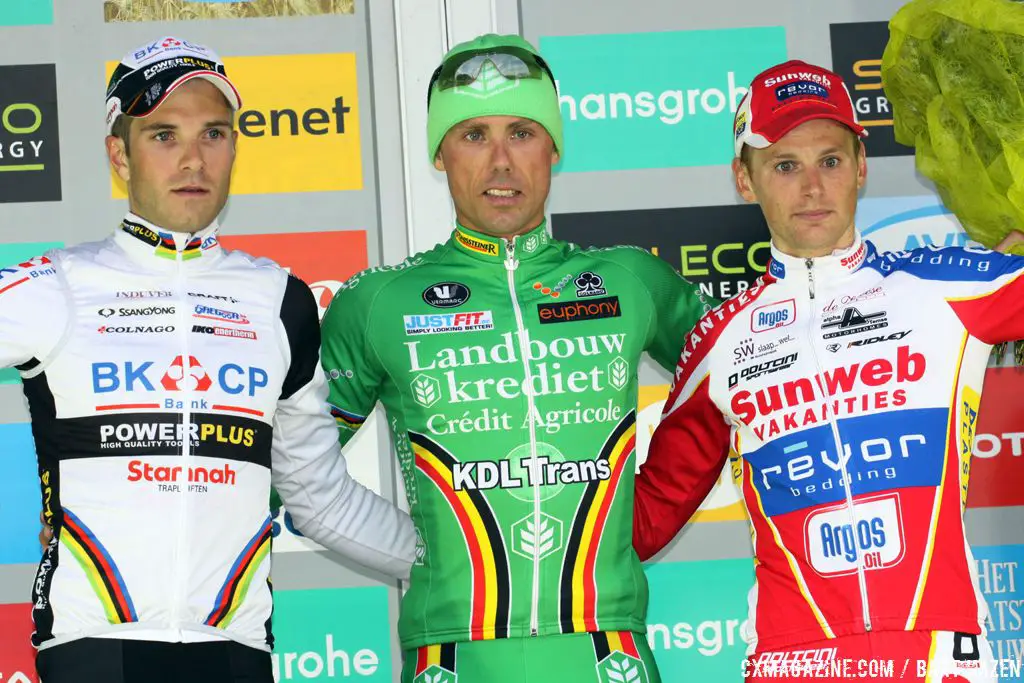 The 2012 Superprestige Ruddervoorde Elite Men Podium: Nys, Albert, Pauwels  © Bart Hazen