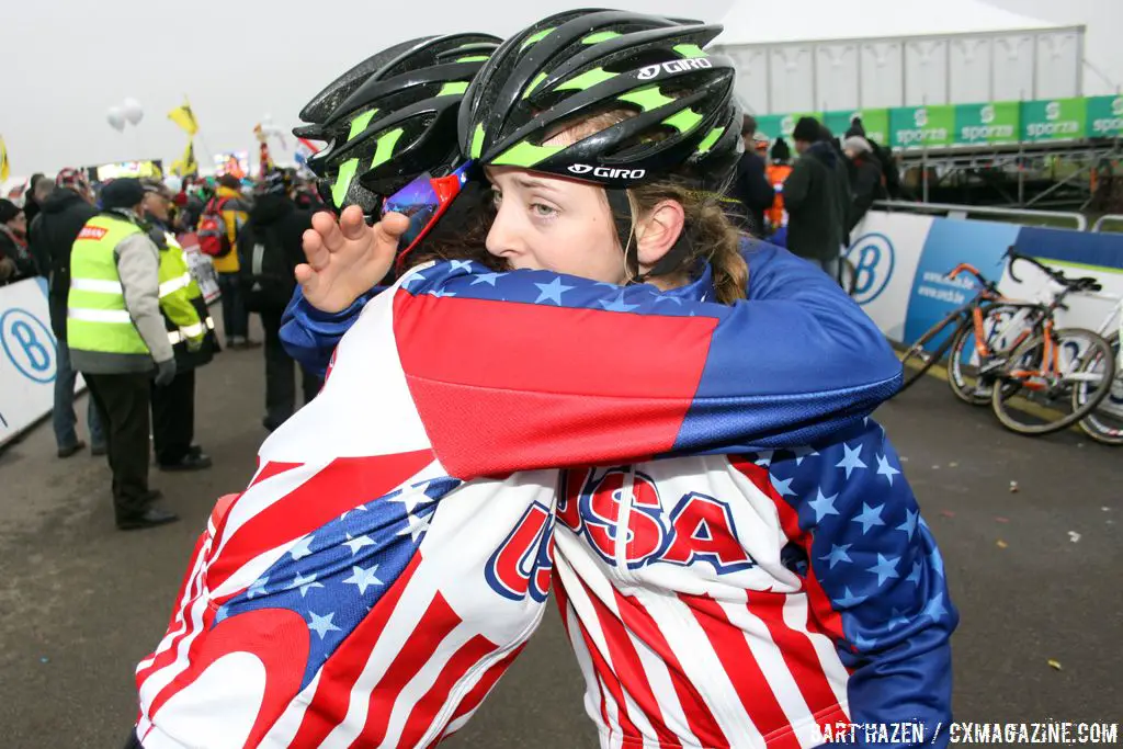 Kaitlin Antonneau gets a hug from Nicole Duke © Bart Hazen