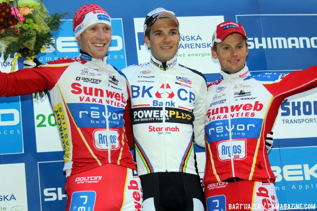 2012 World Cup Plzen Elite Men Podium - Niels Albert, Klaas Vantornout  © Bart Hazen