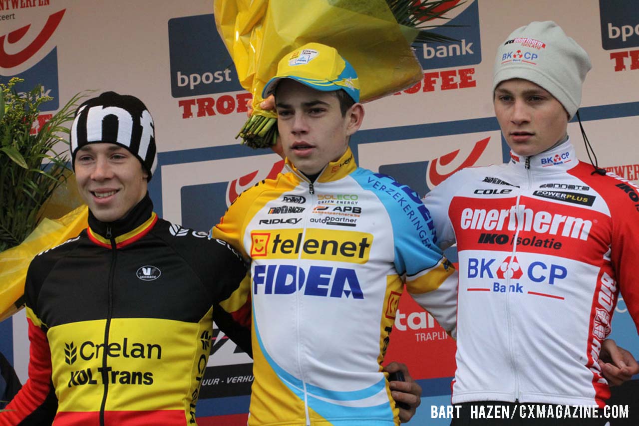 The Men\'s U23 podium (L-R); Laurens Sweeck, 2nd; Wout Van Aert, 1st; Mathieu Van Der Poel, 3rd. © Bart Hazen / Cyclocross Magazine