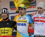 The Men's U23 podium (L-R); Laurens Sweeck, 2nd; Wout Van Aert, 1st; Mathieu Van Der Poel, 3rd. © Bart Hazen / Cyclocross Magazine