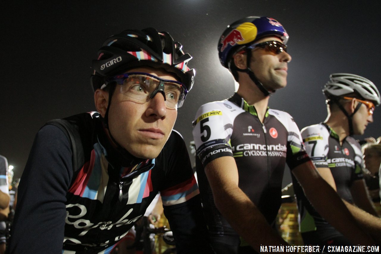 Jeremy Powers and Tim Johnson wait for the start at Cross Vegas 2013. © Nathan Hofferber / Cyclocross Magazine