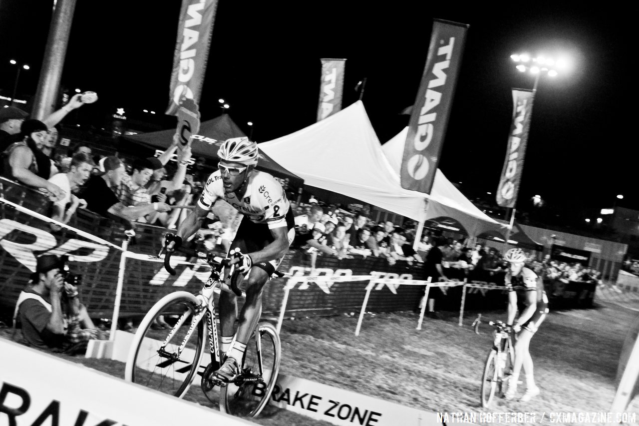 Nys heads into the barriers while Trebon chases at Cross Vegas 2013. © Nathan Hofferber / Cyclocross Magazine