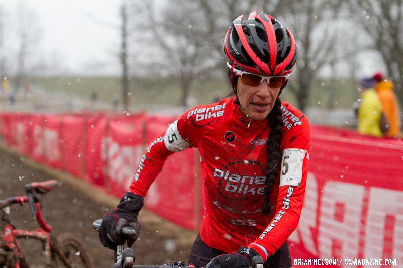 Antonia Leal (Planet Bike) takes a bike and the lead on lap one.  ©Brian Nelson