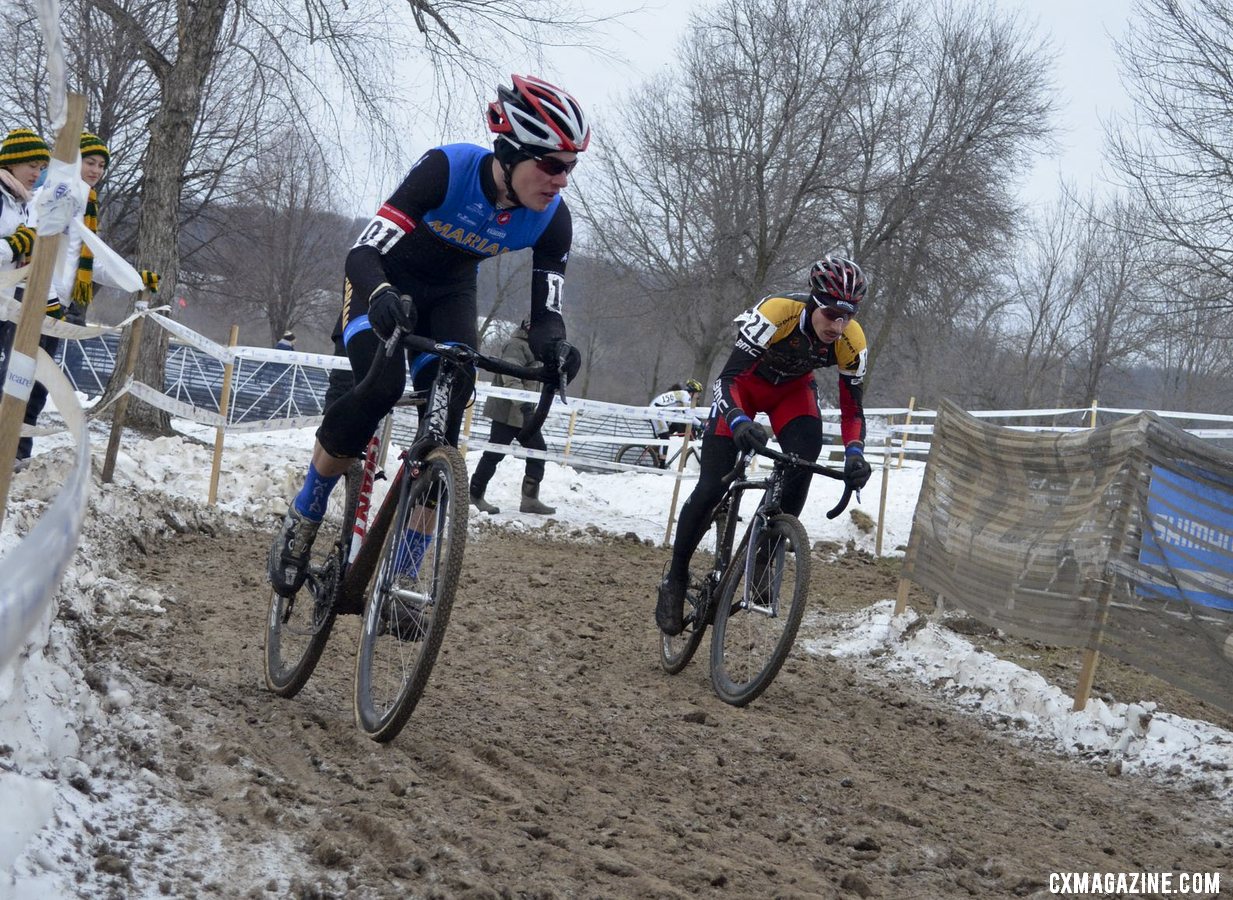 Johnson (Marian) and Werner (Lees-McRae) in a tight battle for the Collegiate D1 Men title. 2013 Cyclocross National Championships. © Cyclocross Magazine