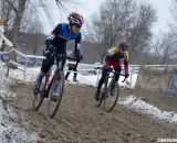 Johnson (Marian) and Werner (Lees-McRae) in a tight battle for the Collegiate D1 Men title. 2013 Cyclocross National Championships. © Cyclocross Magazine