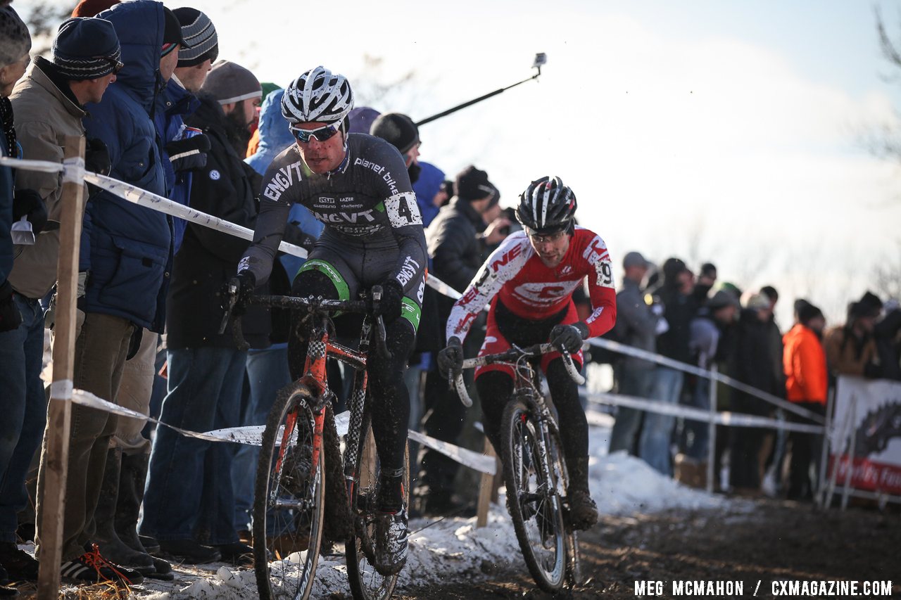 Jonathan Page leading a surprisingly fast-starting Justin Lindine on lap 1 in the chase of Summerhill.  © Meg McMahon