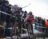 Jonathan Page leading a surprisingly fast-starting Justin Lindine on lap 1 in the chase of Summerhill.  © Meg McMahon