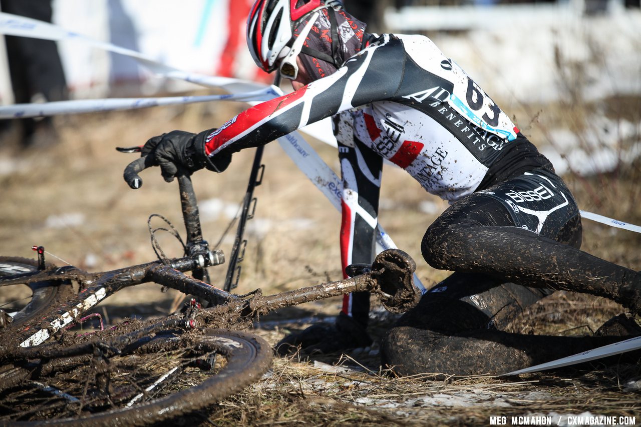The mud wreaked havoc on racers and equipment. Junior Men 17-18, 2013 Cyclocross National Championship. © Meg McMahon