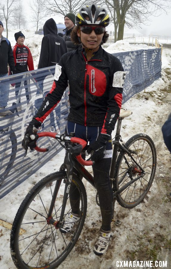 Courtney Comer relaxed and pleased at the finish, aboard her Bailey carbon cyclocross bike. © Cyclocross Magazine