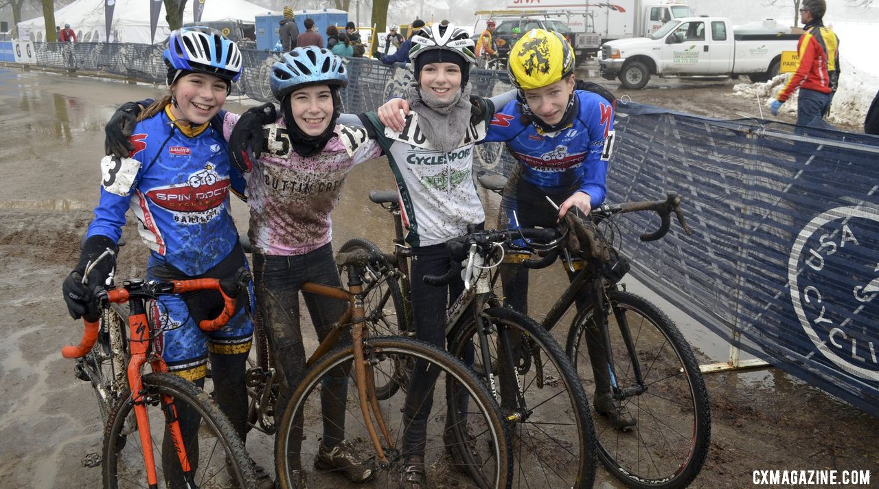 Battle hard, friends after. A group of Junior Women from Chicago celebrate. © Cyclocross Magazine