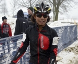 Courtney Comer relaxed and pleased at the finish, aboard her Bailey carbon cyclocross bike. © Cyclocross Magazine