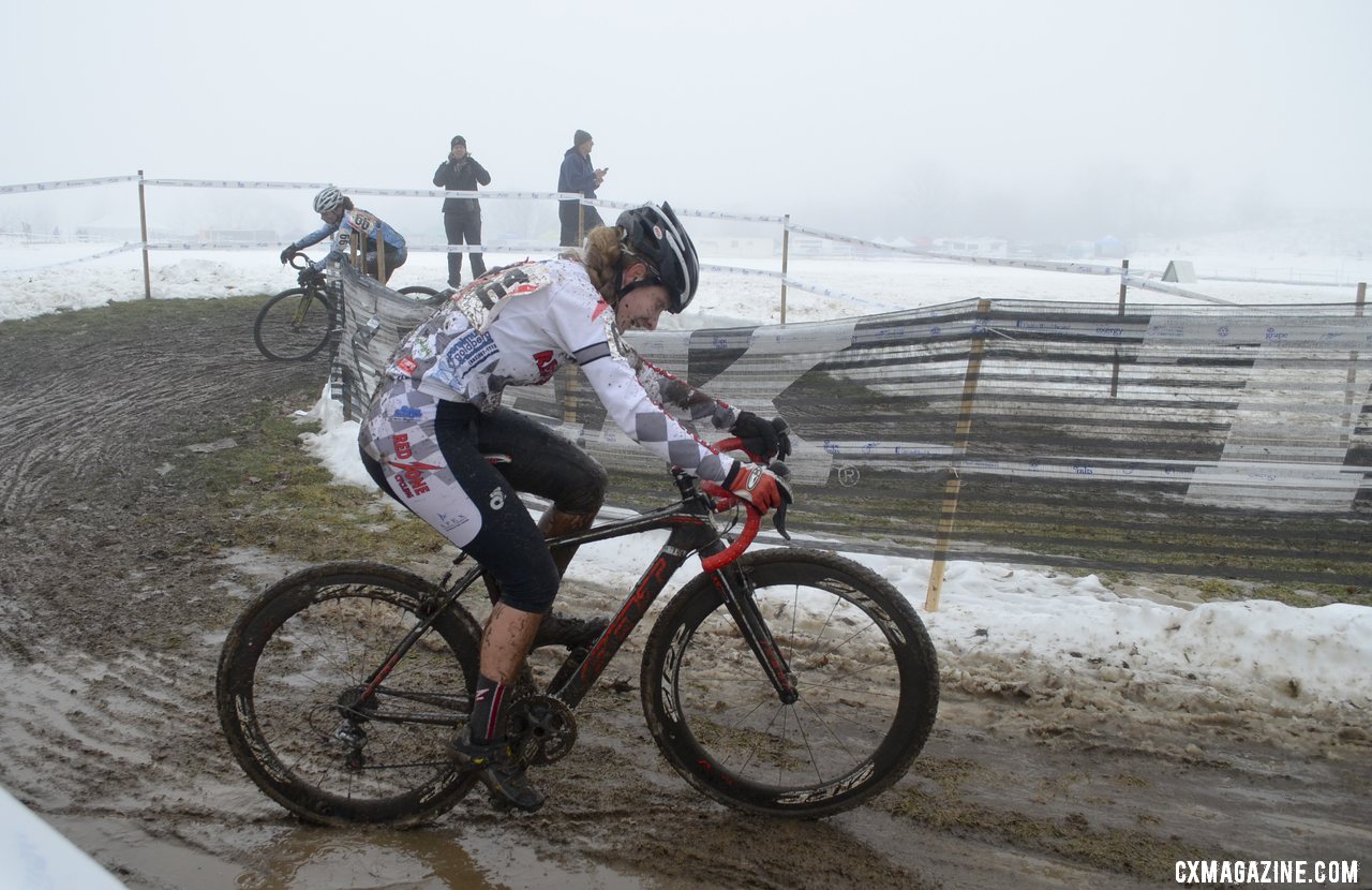 Kathering Santos realizes going sideways is far better than going down. © Cyclocross Magazine