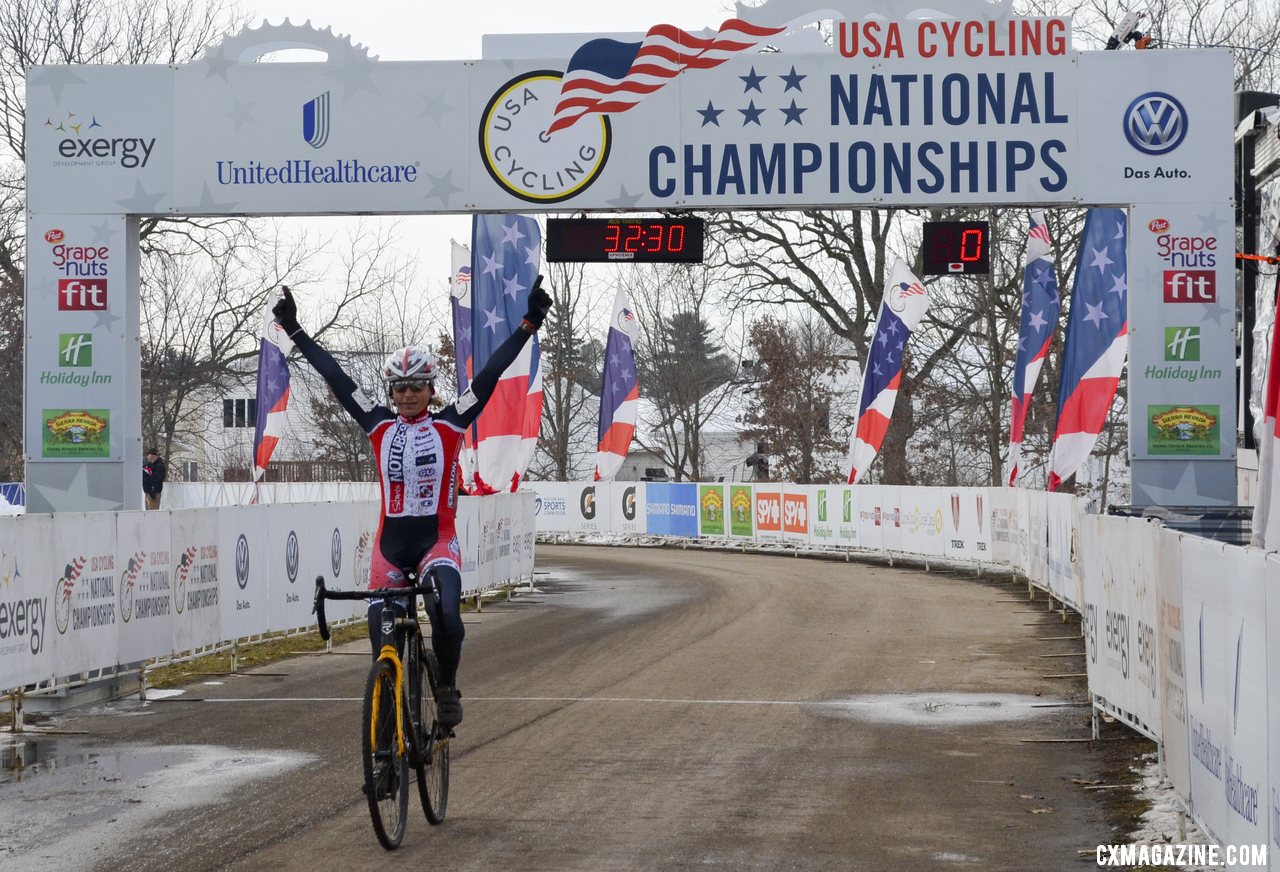 Gibson, winning the 45-49 race, with plenty of time to celebrate another Masters title. © Cyclocross Magazine