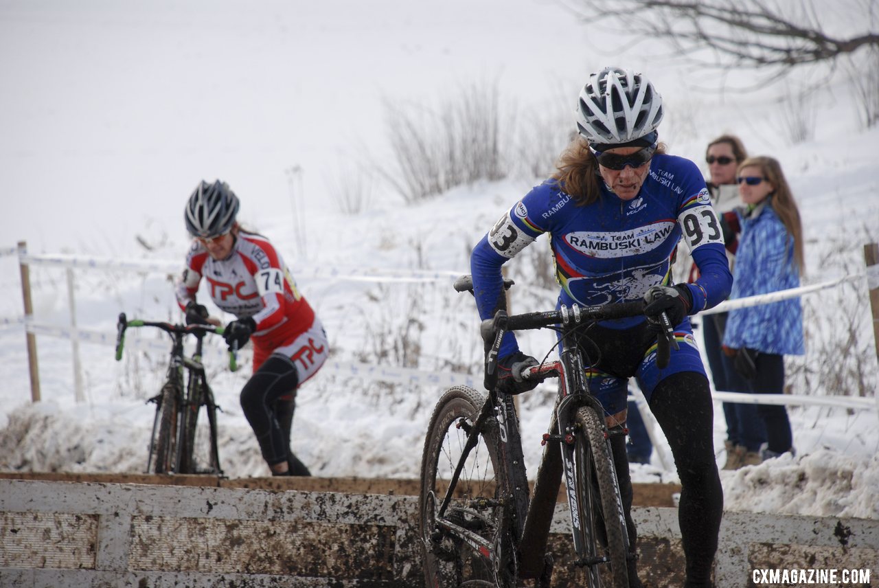 Brems leading the 50-54 race, ahead of 45-49 racer Jeanne Fleck. © Cyclocross Magazine