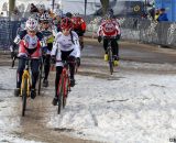 Shannon Gibson and Antonia Leal battle for the holeshot in the Masters 45-49 race. ©Cyclocross Magazine
