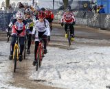 Shannon Gibson and Antonia Leal battle for the holeshot in the Masters 45-49 race. ©Cyclocross Magazine