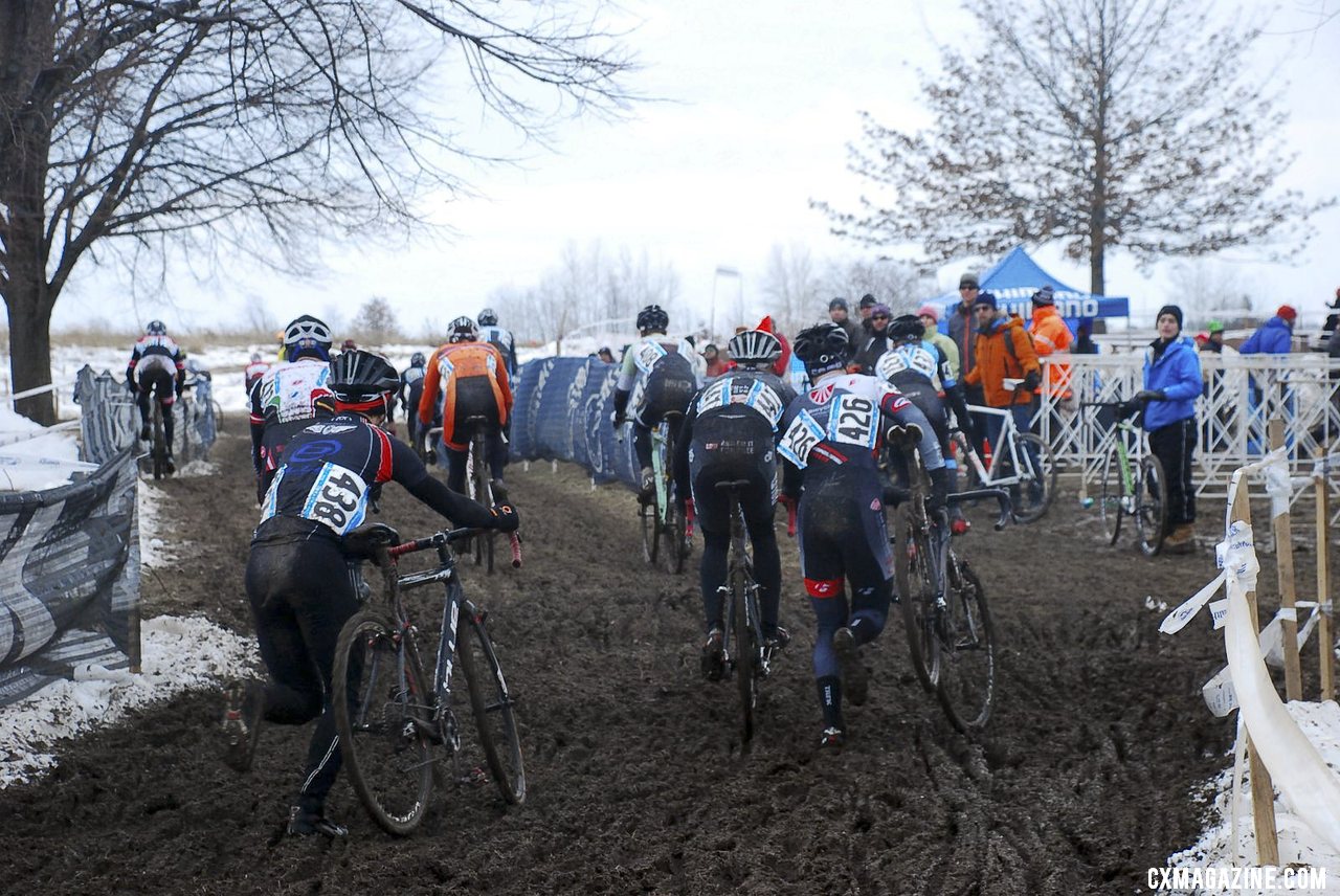 The Baby Masters (30-34) was a large field, with a crowded pit on early laps. 2013 Cyclocross National Championships. © Cyclocross Magazine