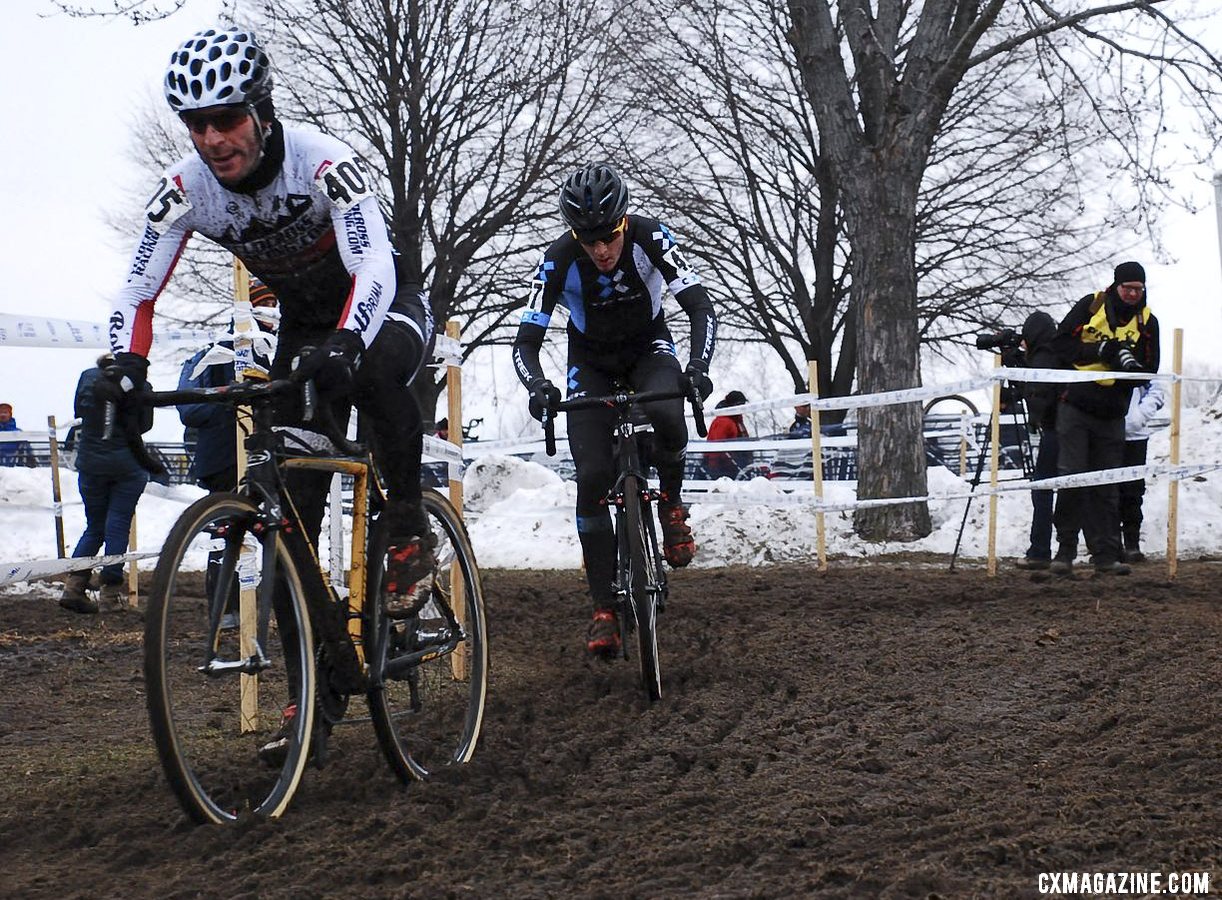 Shriver overcomes a slow start to finally catch the leader. Masters 30-34. 2013 Cyclocross National Championships. © Cyclocross Magazine