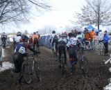 The Baby Masters (30-34) was a large field, with a crowded pit on early laps. 2013 Cyclocross National Championships. © Cyclocross Magazine