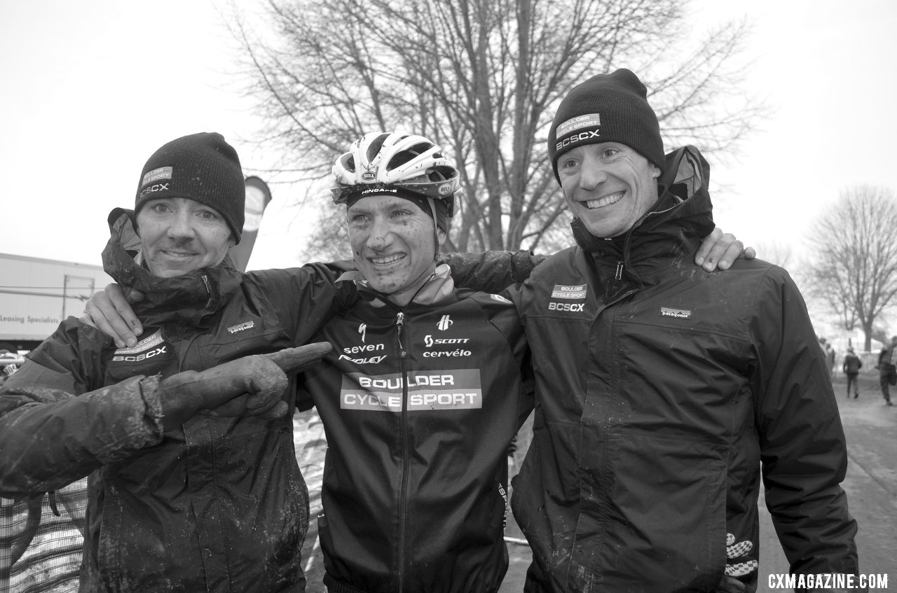 The happy Boulder Cycle Sport team of Stevenson, surrounded by Dwight and Webber. © Cyclocross Magazine
