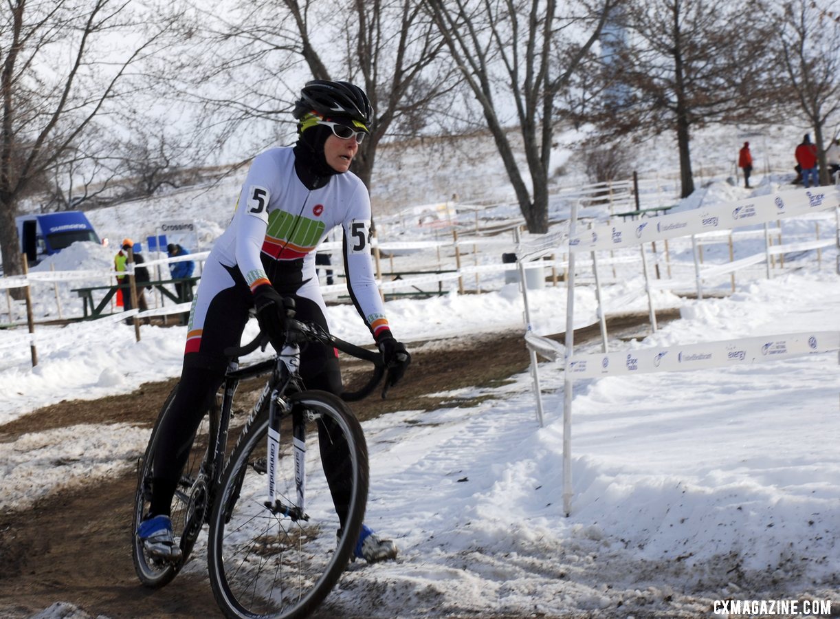 Patricia Kaufmann negotiates thes slippery corners. 2013 Cyclocross National Championships. ©Cyclocross Magazine