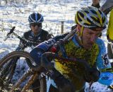 Adam Myerson leading Craig Etheridge over the barriers. © Cyclocross Magazine