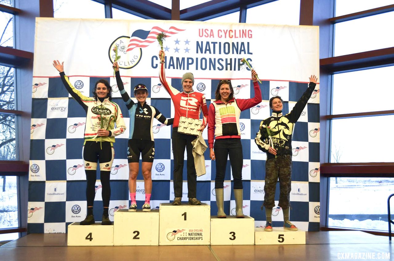 2013 Singlespeed Women\'s podium: Studley, Noble, Markey, Dowidchuk, and Sherrill. © Cyclocross Magazine