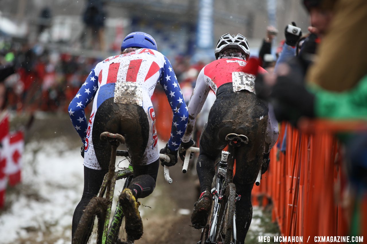 Jamie Driscoll follows Swiss racer Arnoud Grand © Meg McMahon