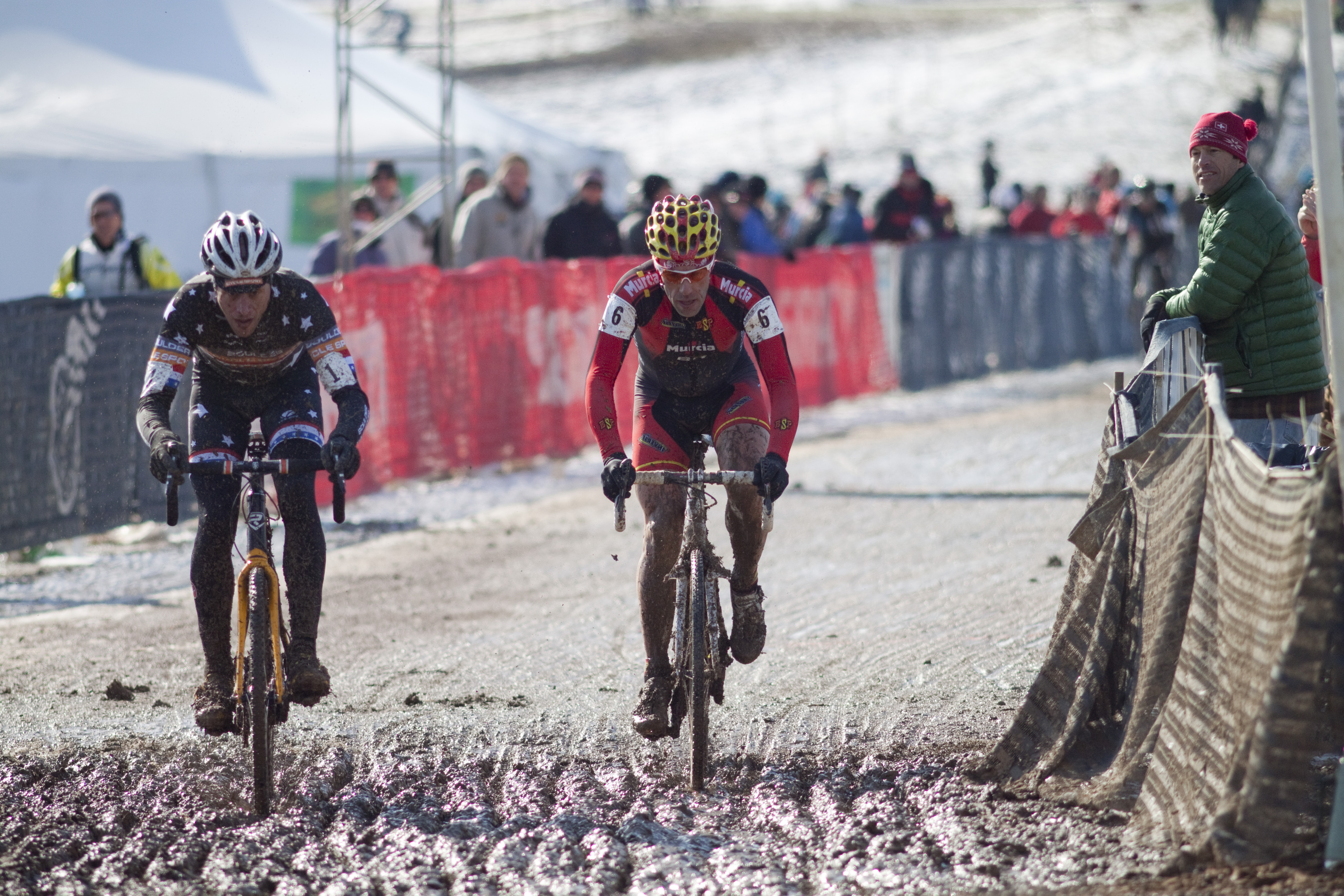 Pete Webber and the Spanish contender battle at 2013 Cyclocross World Championship Masters Men 40-44. © Cyclocross Magazine