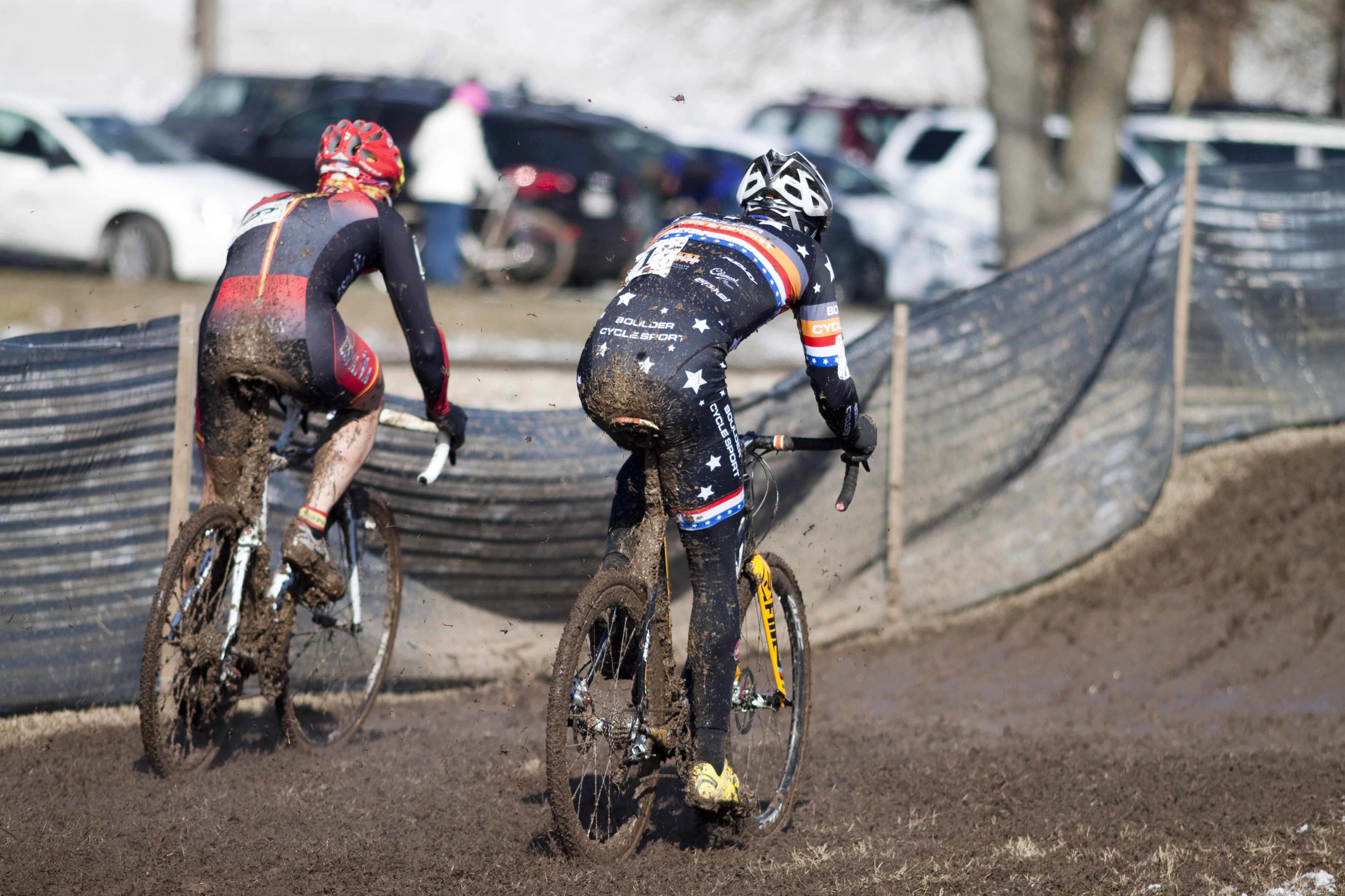 Going from the starting straight and back into the mud at 2013 Cyclocross World Championship Masters Men 40-44. © Cyclocross Magazine