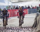 Pete Webber and the Spanish contender battle at 2013 Cyclocross World Championship Masters Men 40-44. © Cyclocross Magazine