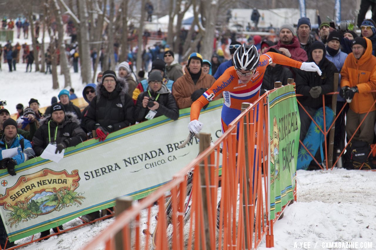 Mathieu van der Poel was in control with a big, early lead, running the icy off-camber section. © Cyclocross Magazine