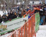 Mathieu van der Poel was in control with a big, early lead, running the icy off-camber section. © Cyclocross Magazine