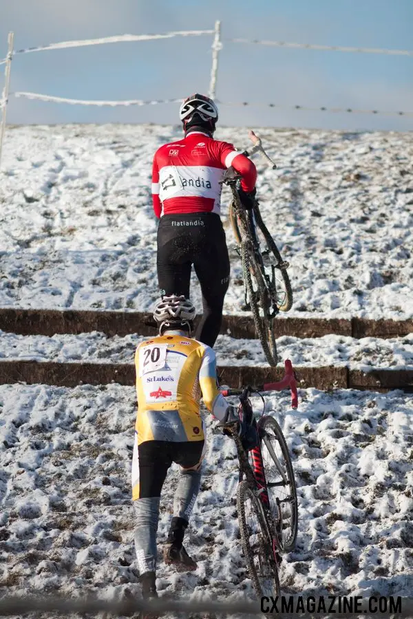 John Kurtz leads Marten Beels up the second run-up. © Cyclocross Magazine