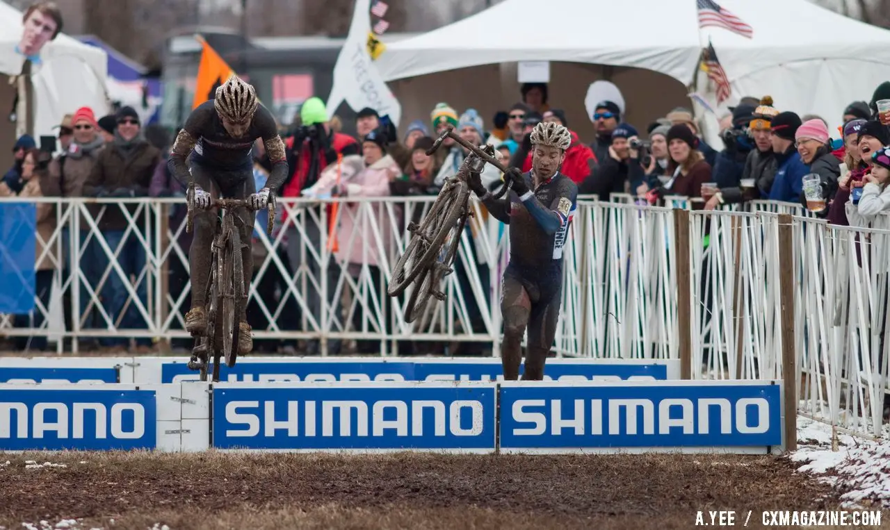 David Menut (right) and Clement Venturini of France took different paths over the one set of barriers. © Cyclocross Magazine