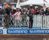 David Menut (right) and Clement Venturini of France took different paths over the one set of barriers. © Cyclocross Magazine