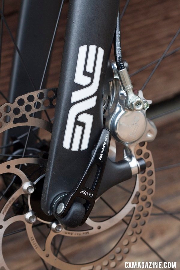 Enve\'s disc cyclocross fork handles the steering and braking loads on Don Myrah\'s Ibis Hakkalugi Disc Cyclocross Bike. ©Cyclocross Magazine