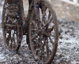 Thick mud covered everything, making normal spokes looks like carbon blads. © Cyclocross Magazine