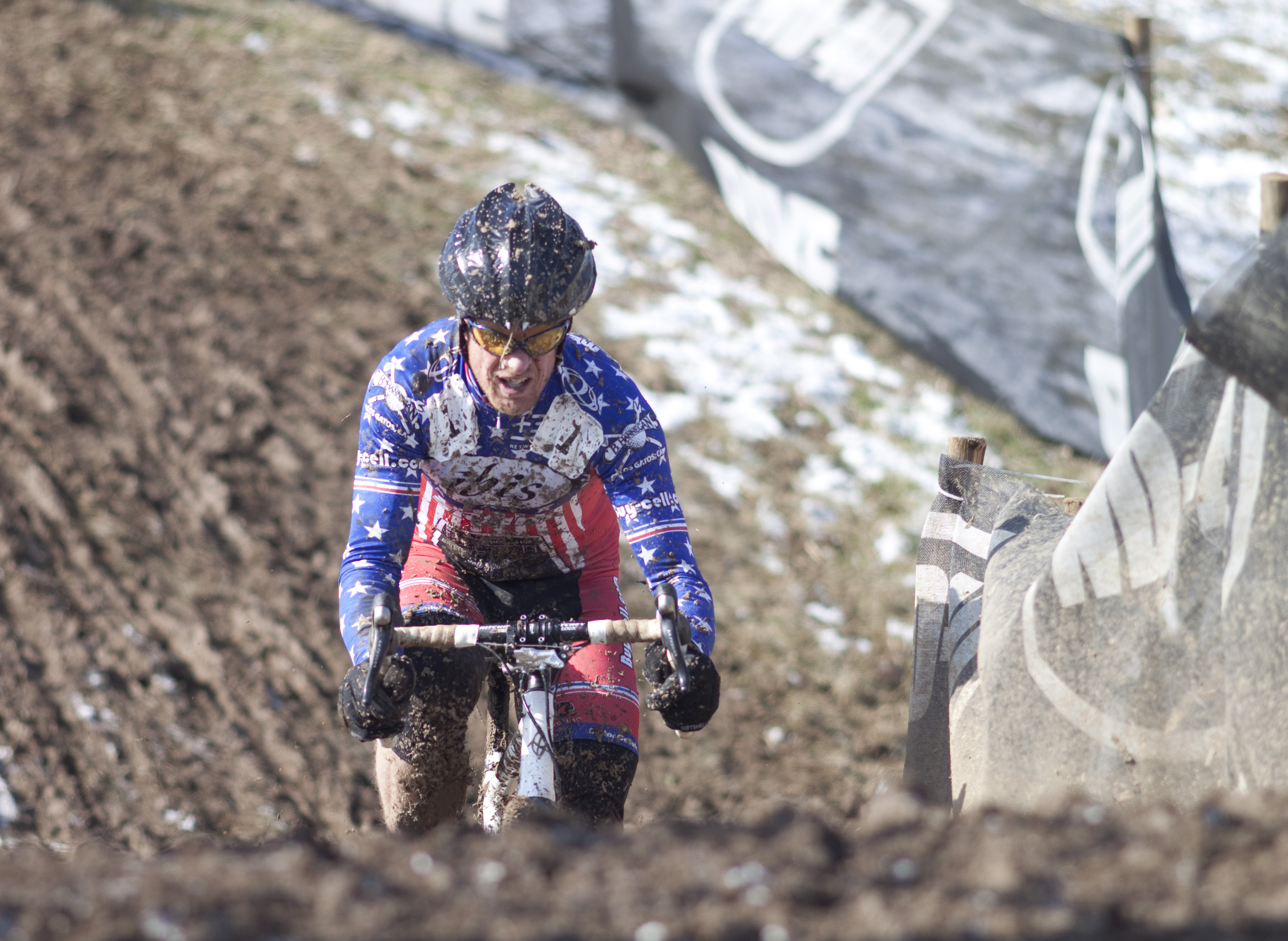 National Champion Don Myrah powers up the hill at the 2013 Cyclocross World Championships, Masters 45-49. © Cyclocross Magazine