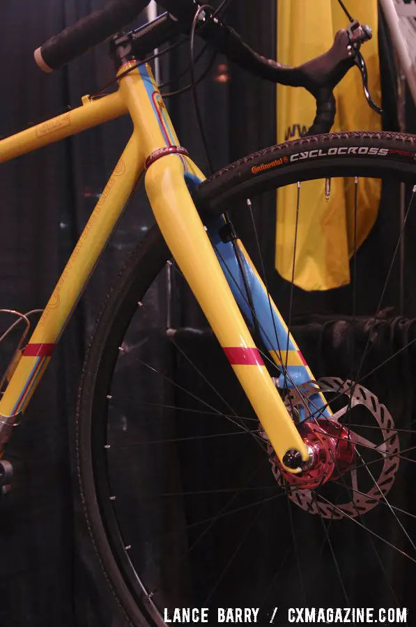 Disc brakes and an ENVE carbon fork are modern touches on Six Eleven\'s 2013 NAHBS S&S Coupled cyclocross bike. © Lance Barry